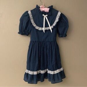 Vintage Kandy Ann Girl’s 6 Navy Blue Polka Dot Lace Trim Puff Sleeve Dress USA